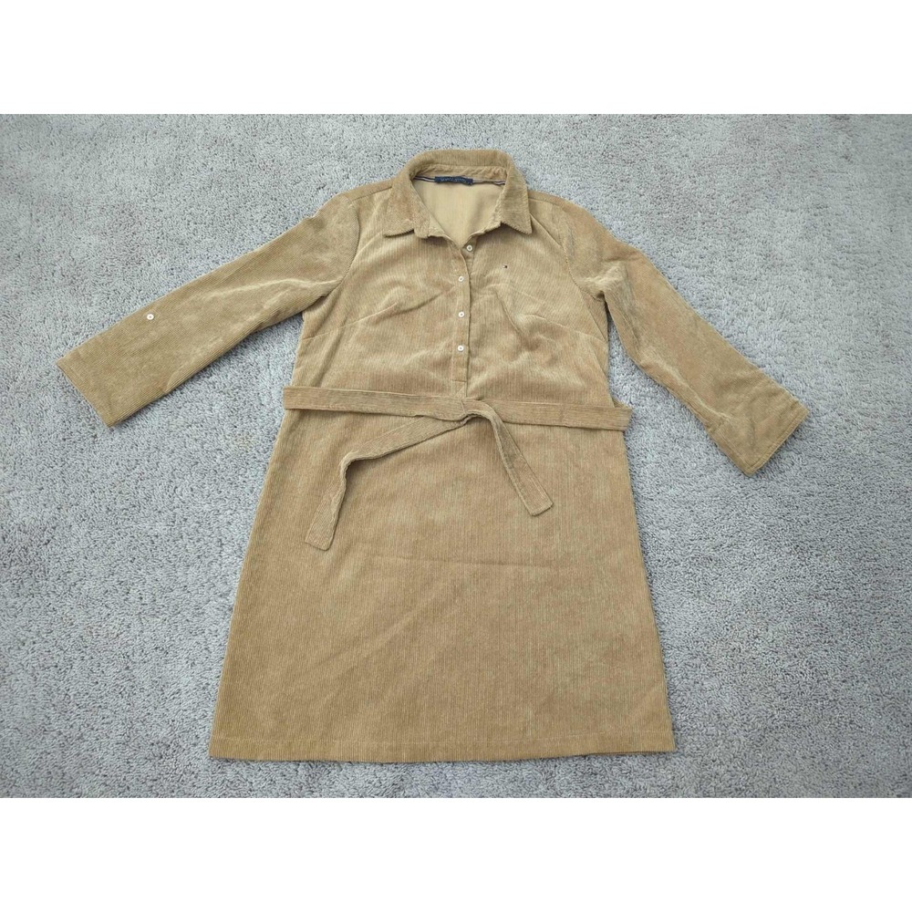 Tommy Hilfiger Shirt Dress Womens L‎ Beige Corduroy Tie Waist Belt 70s Classic